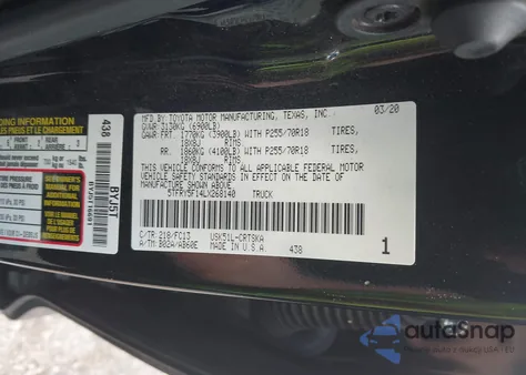 2020 Toyota Tundra Sr5 z USA, uszkodzony, nr VIN 5TFRY5F14LX268140